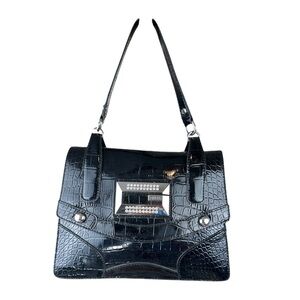 Guess Y2K Vintage Black Croc-Embossed Shoulder Bag with silver‎ &diamond accents